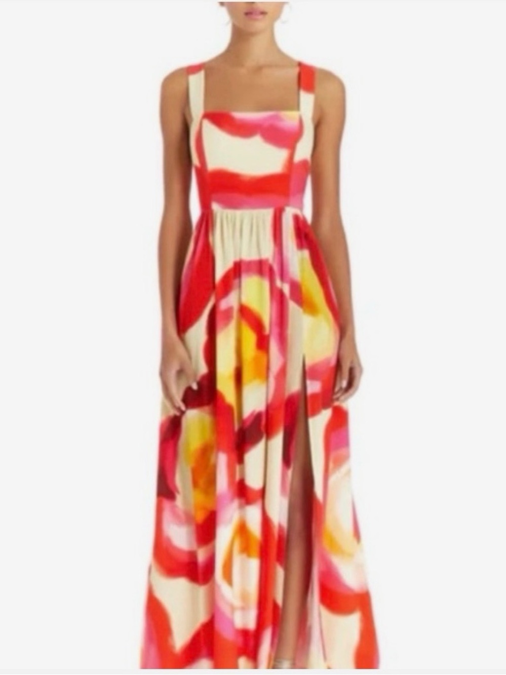 Amanda Uprichard Red, Pink & Cream Watercolor Maxi Dress